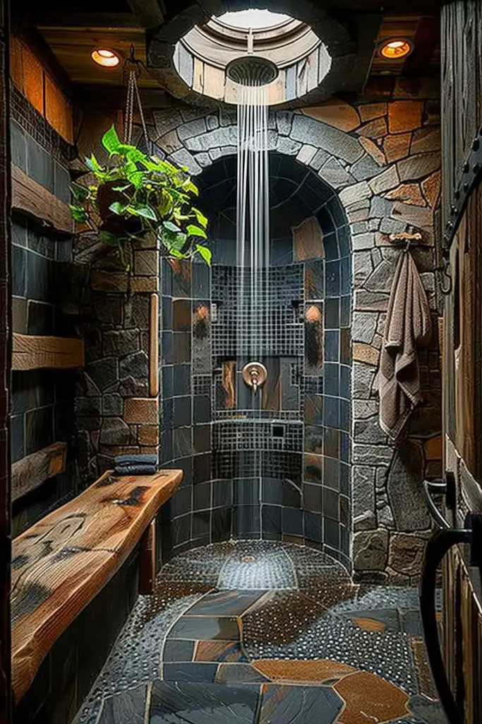 Rustic Walk-In Shower with Rainfall Showerhead and Natural Stone Design