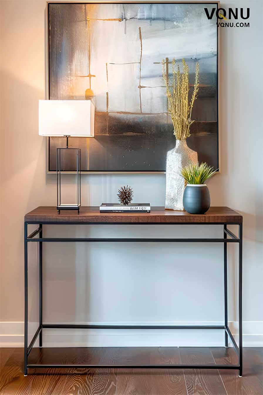 Modern Console Table With Wood Top And Metal Stand