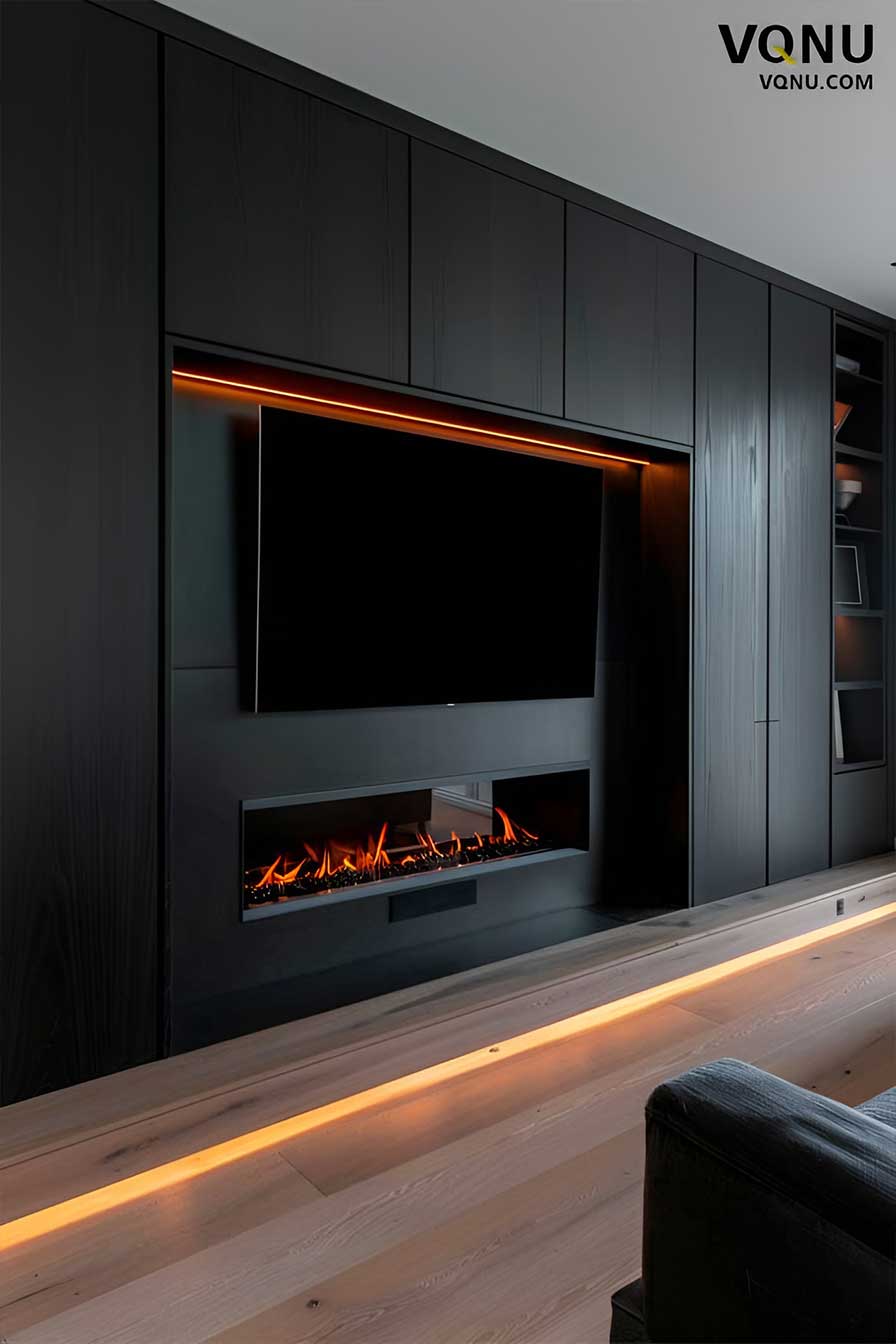 Dark Wood Media Wall With Fireplace And Inset Lighting