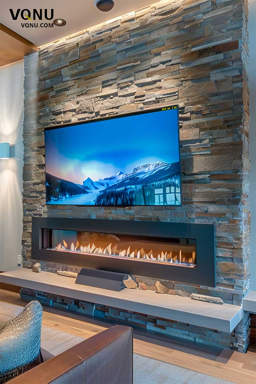 Textured Brick Media Wall With Fireplace