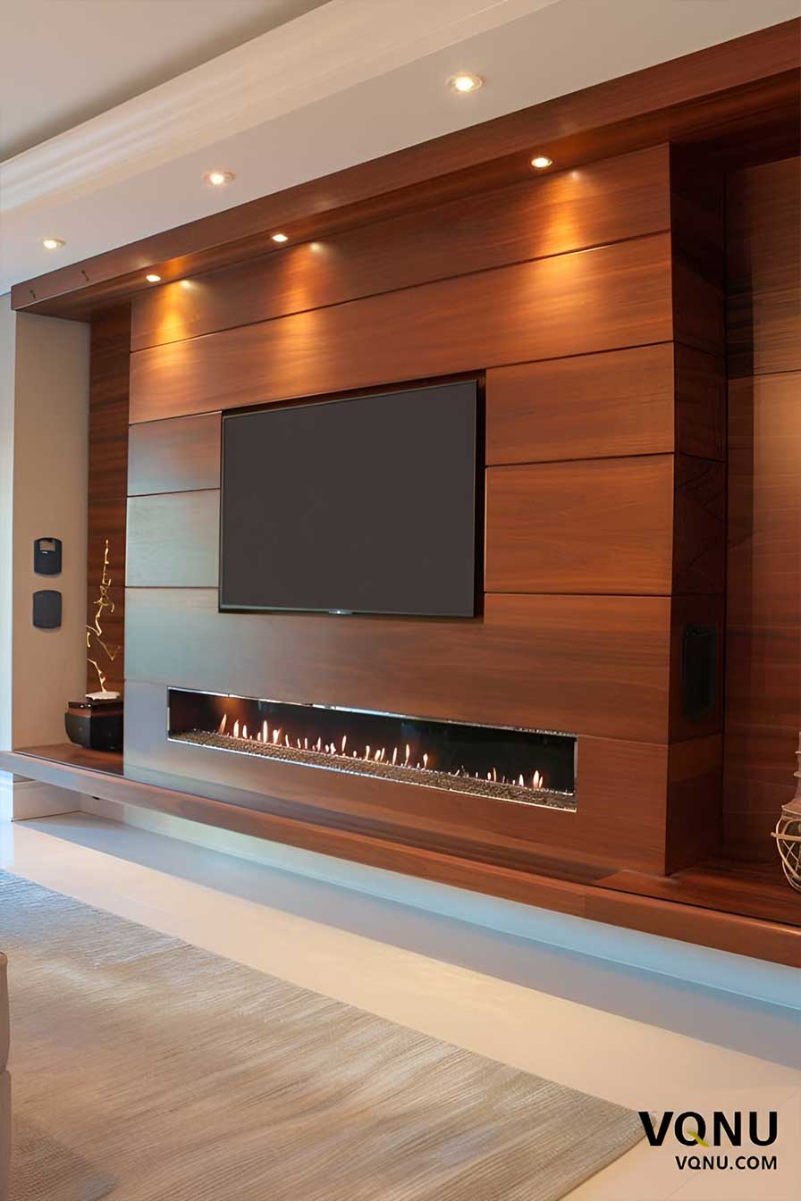 Wooden Media Wall With TV And Fire Place Recesses