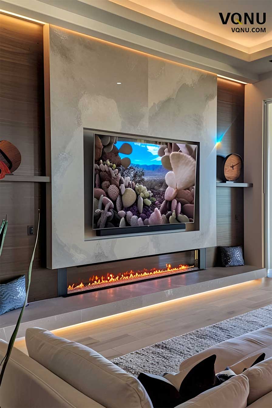 Contemporary Media Wall With Stone Surround