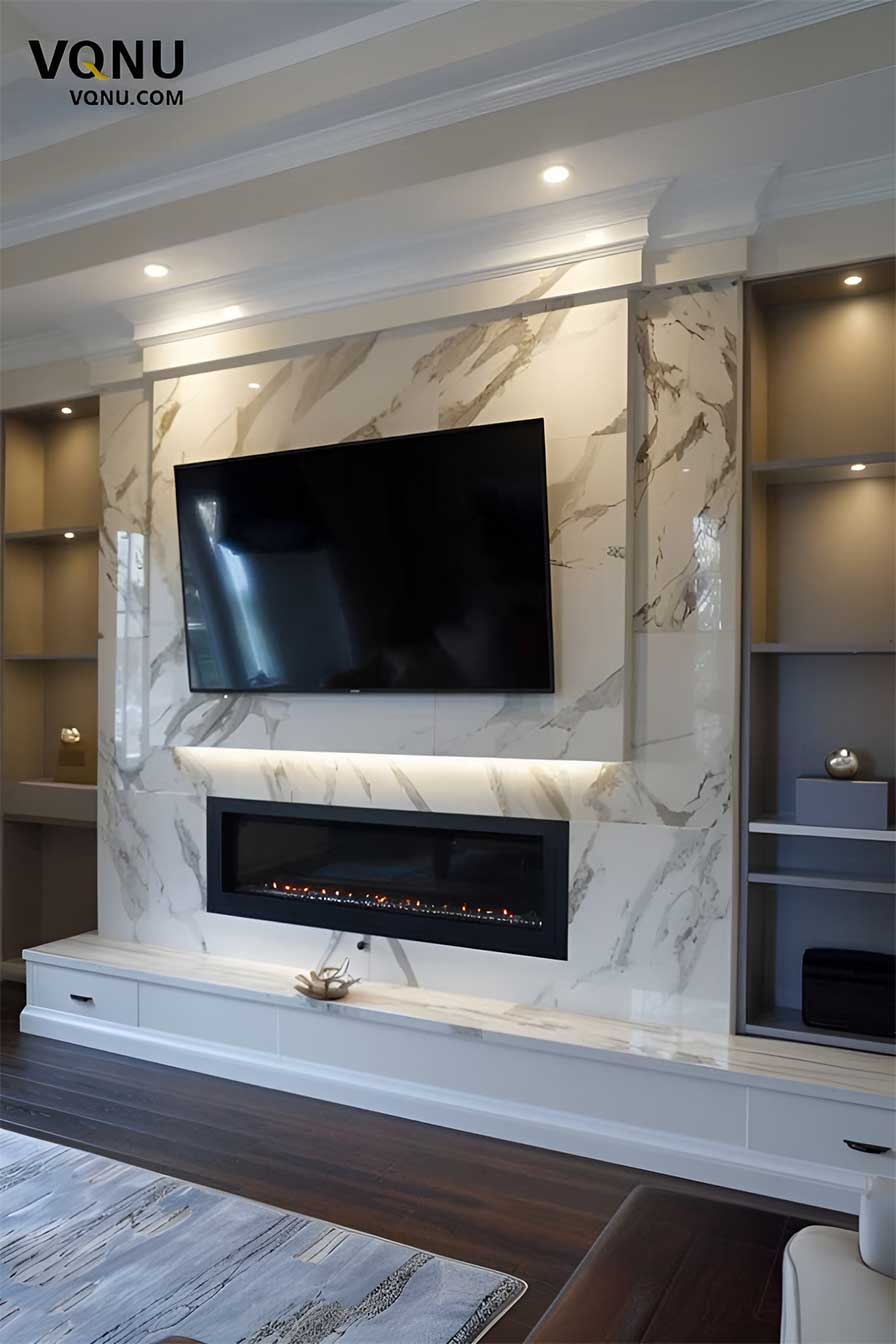 Marble Media Wall With Side Shelves