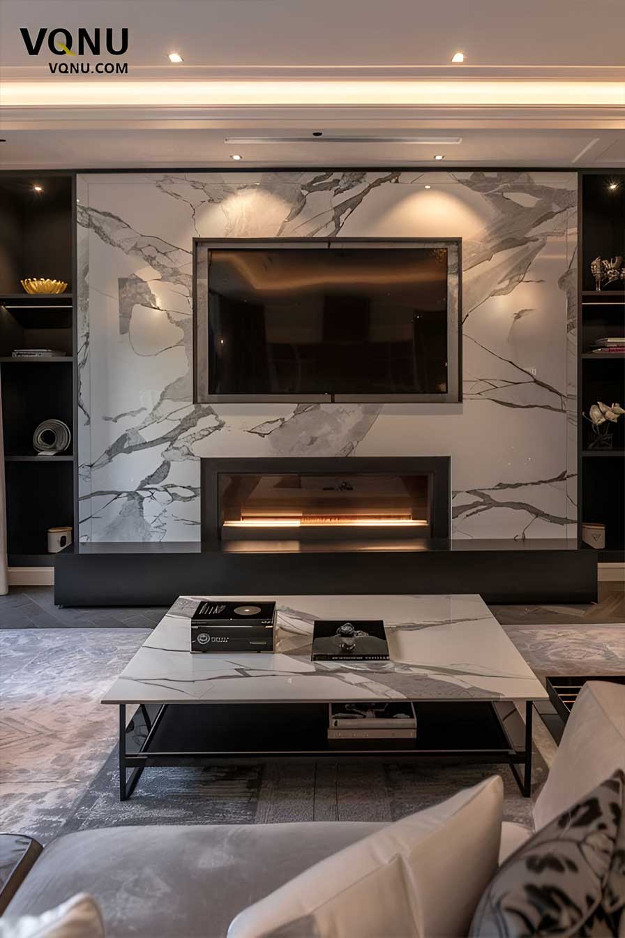 Marble Media Wall With Fireplace And Side Shelves
