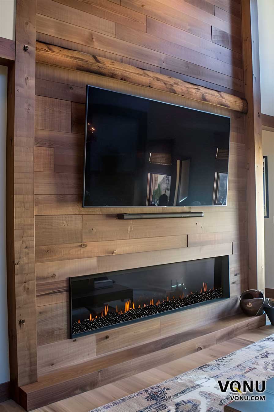 Rustic Wood Media Wall With Fireplace