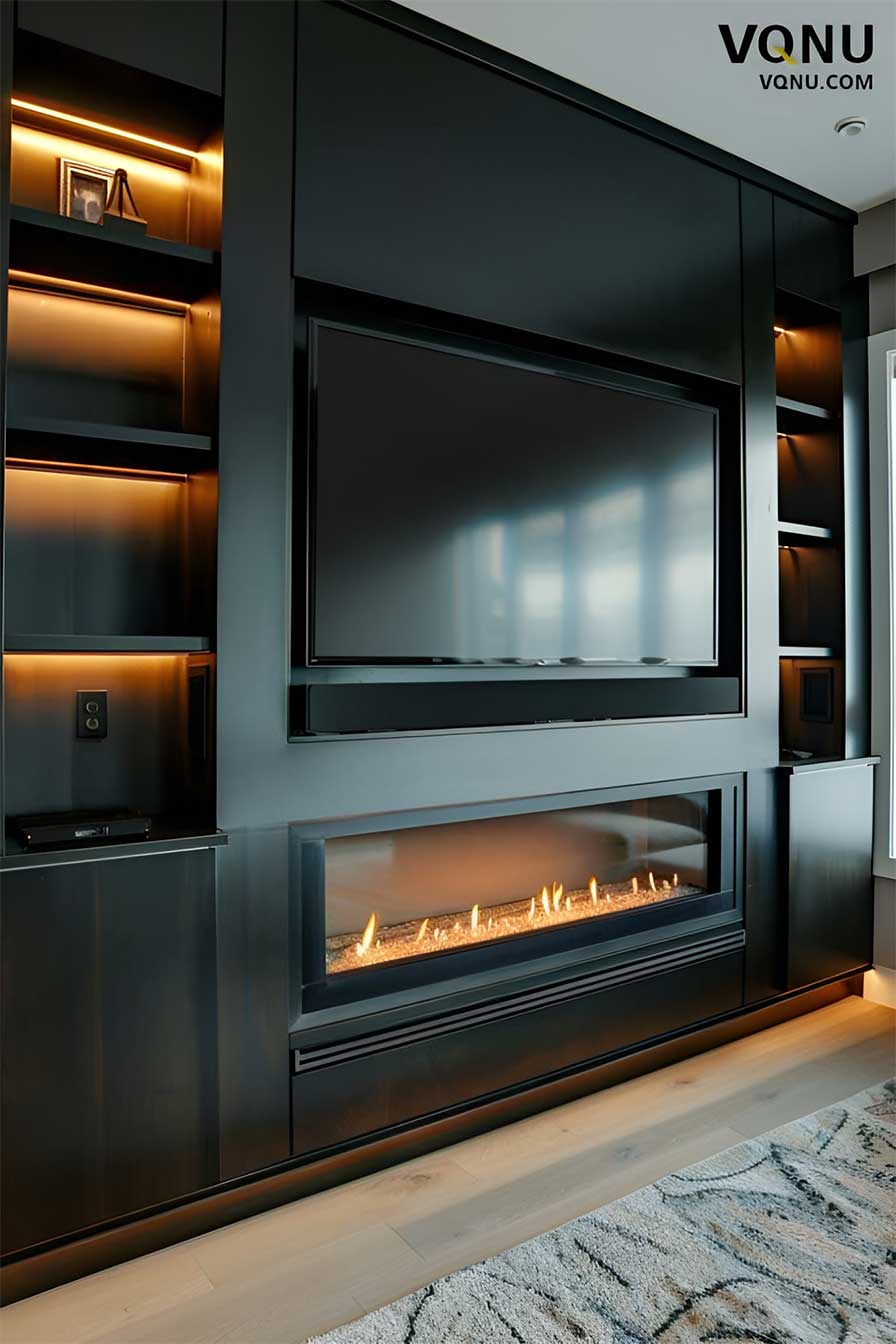 Dark Wood Media Wall With Fireplace Shelving And Inset Lighting