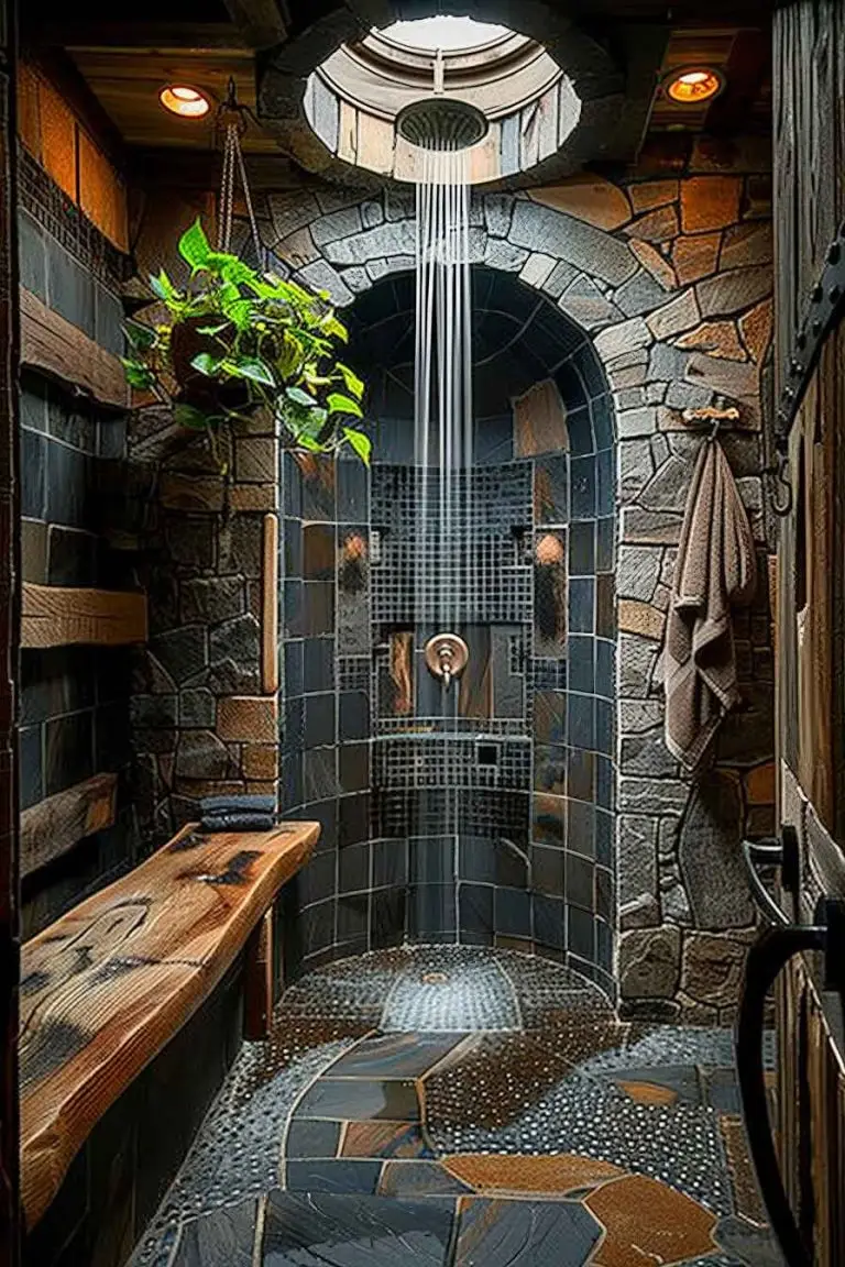 Rustic Walk-In Shower with Rainfall Showerhead and Natural Stone Design